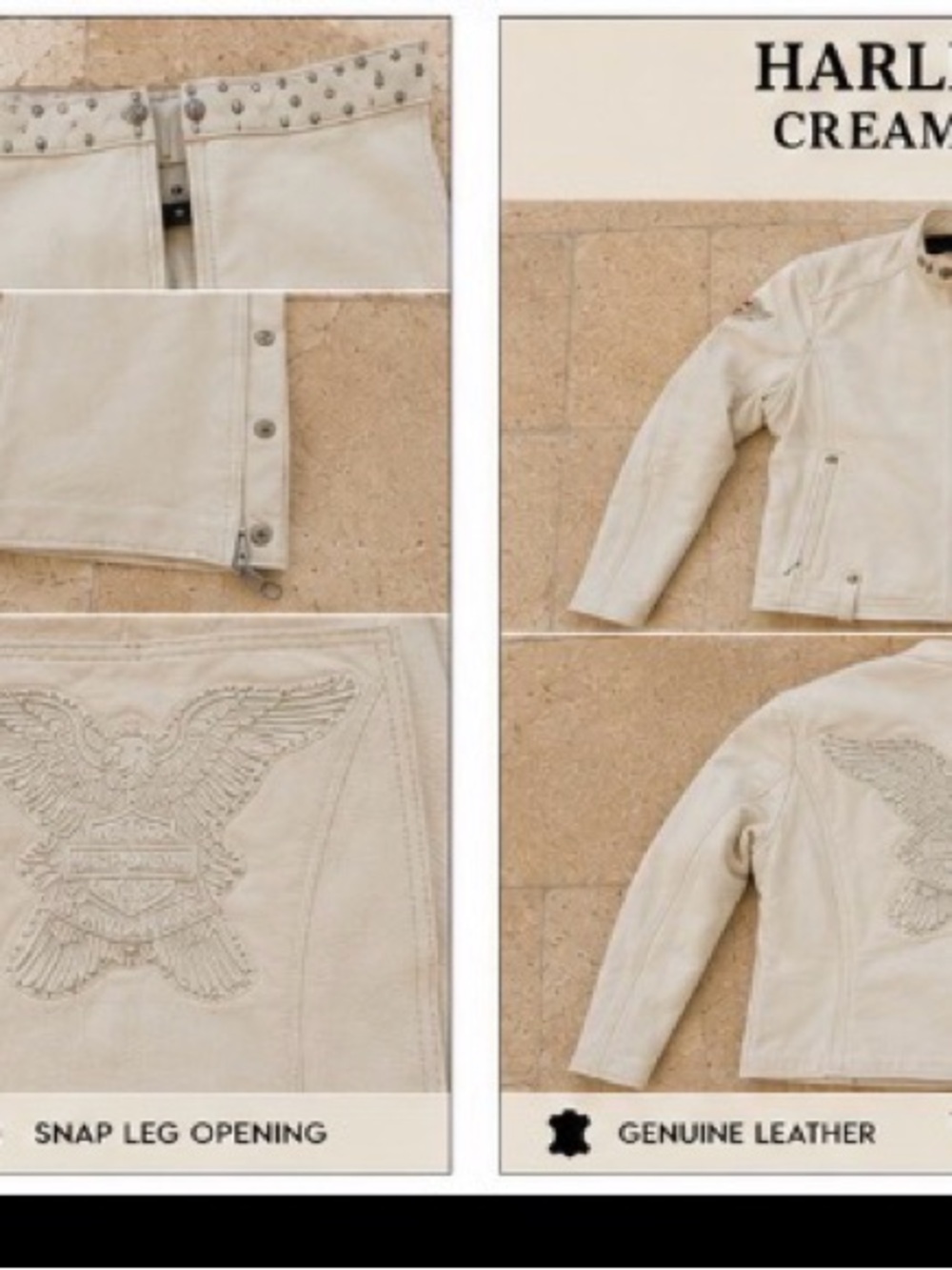 RARE Harley-Davidson Cream Leather Jacket & matching Chaps w/ Embroidered Eagle - Picture 2 of 10